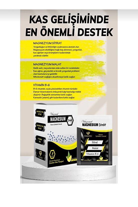 Magnezyum Direkt (SUSUZ IÇİLEBİLİR GRANÜL) 20 Saşe Toz Kas Krampları Yorgunluk Magnezyum Takviyesi