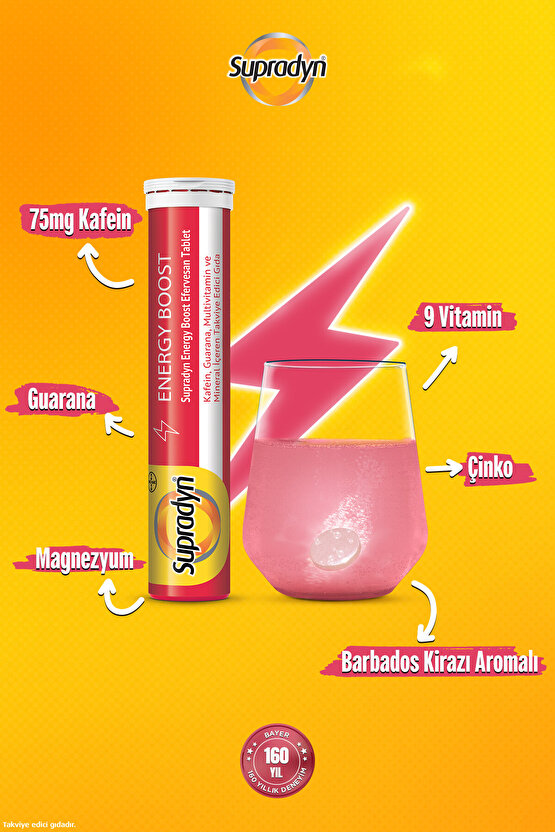 Energy Boost Efervesan Tablet l Kafein, Guarana, Multivitamin ve Mineral