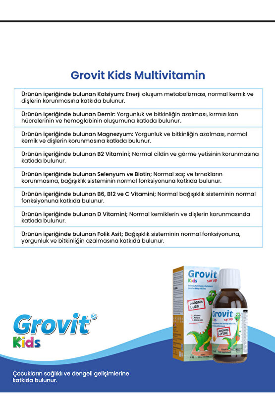 Grovit Kids Arjinin, Lizin, Multivitamin ve Multimineral İçeren Sıvı Takviye Edici Gıda 150ml
