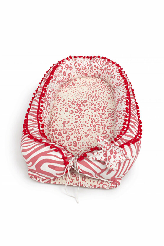 Babynest Anne Yanı Bebek Yatağı Seti %100 Pamuk Kırmızı Ponponlu Yatak Pike Battaniye ve Kalp Yastık