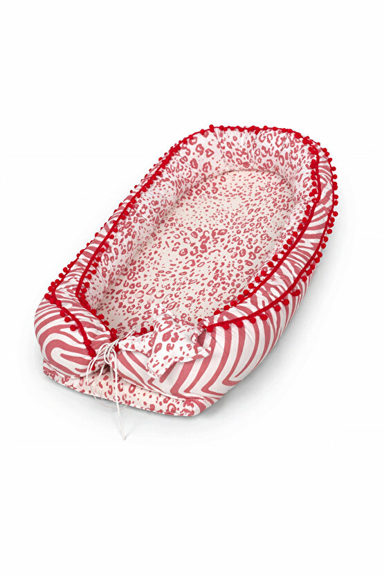 Babynest Anne Yanı Bebek Yatağı Seti %100 Pamuk Kırmızı Ponponlu Yatak Pike Battaniye ve Kalp Yastık