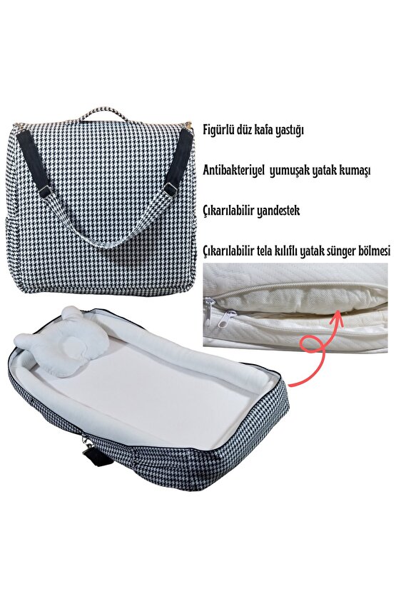 Çantalı Babynest, Bebek Çantası, Taşına Bilir Ebeveyn Yanı Reflü Yatağı Kazayağı Desenli