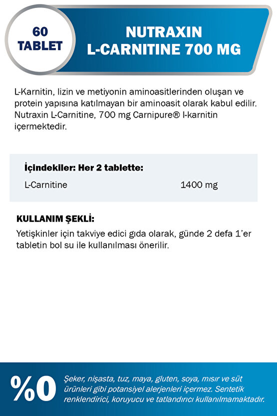 L-Carnitine 700 mg 60 Tablet | 700 mg L-Karnitin | Enerji & Yağ Metabolizması Desteği