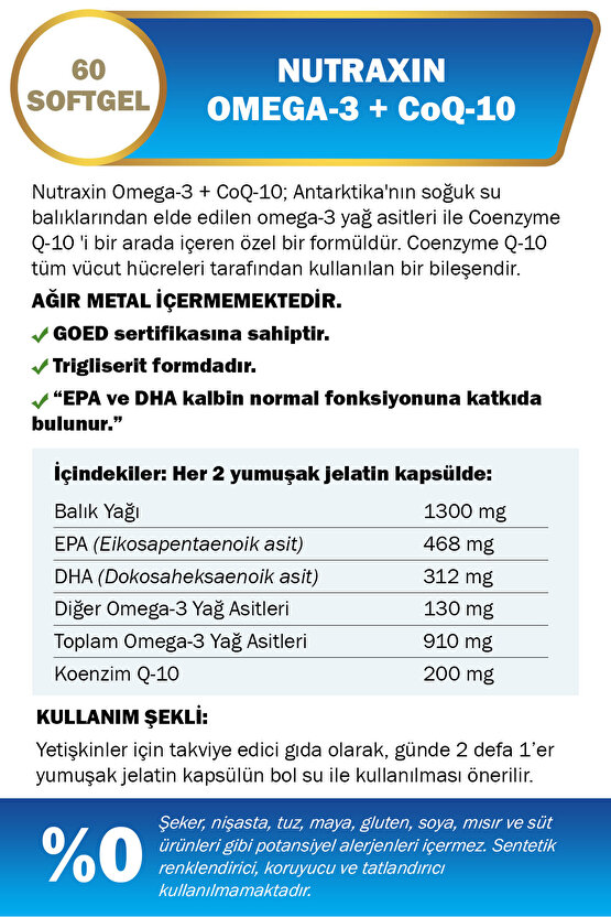 Omega-3 + CoQ10 60 Kapsül | 1300 mg Balık Yağı | EPA & DHA Destekli