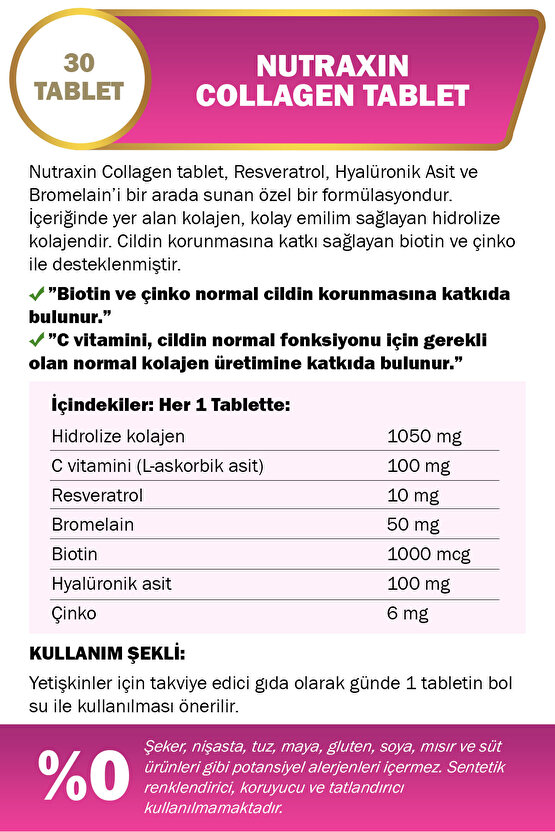 Hidrolize Kolajen 1050 Mg 30 Tablet Tip1 Tip3 Resveratrol Bromelain Biotin Hyalüronik asit Çinko