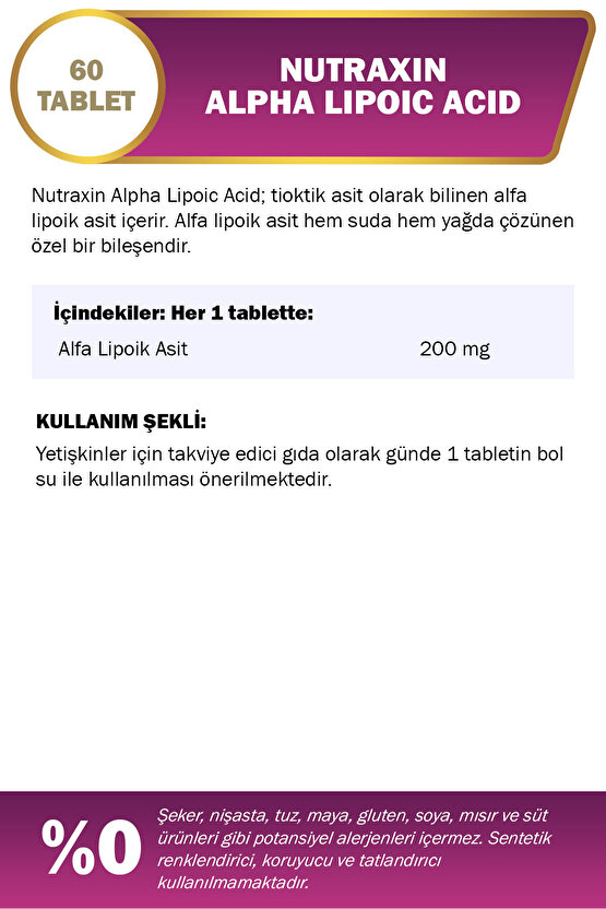 Alpha Lipoic Acid 60 Tablet | ALA 200 mg | Bağışıklık & Enerji Takviyesi