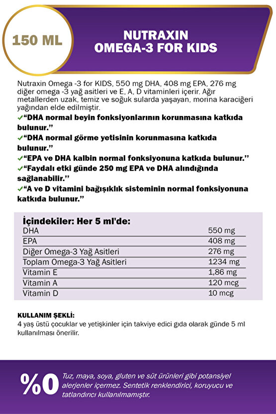 Omega 3 For Kids 150 ml – Yüksek DHA ve EPA A D E Vitaminli Tutti Frutti Aromalı
