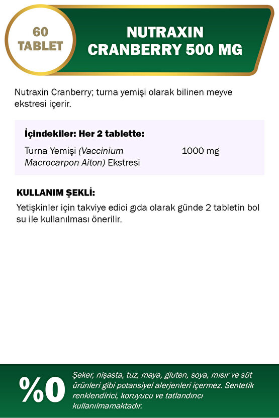 Cranberry 500 mg 60 Tablet | Turna Yemişi Ekstresi | 1000 mg Kızılcık Ekstresi