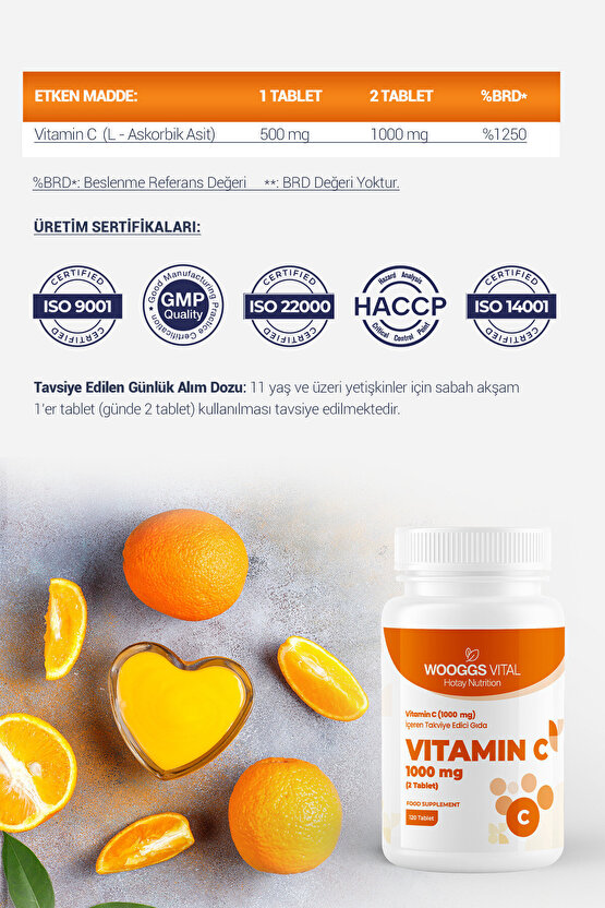 Vitamin C (2Tablet 1000 MG) Içeren Takviye Edici Gıda 120 Tablet