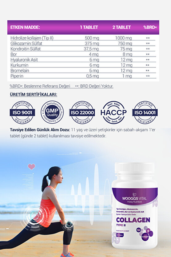 Tip 2 Kolajen, Glukozamin, Kondroitin, Bor İçeren Takviye Edici Gıda 60 Tablet