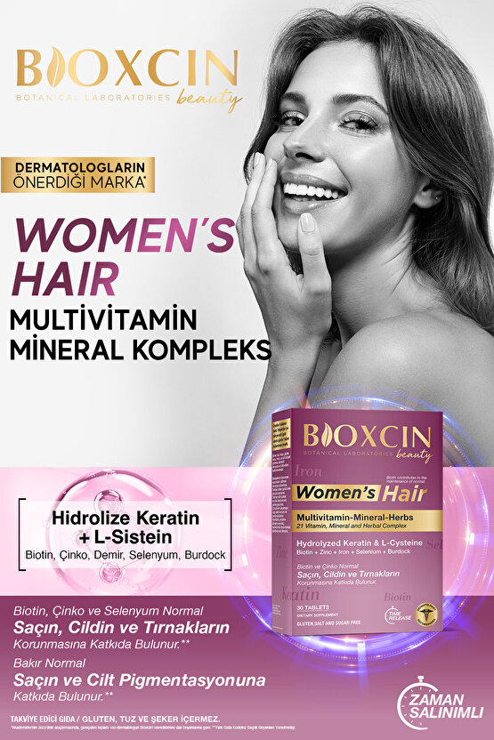 Womens Hair 30 Tablet - Keratin Kolajen Biotin Çinko Demir Selenyum Dul Avrat L Sistein Saç Vitamini