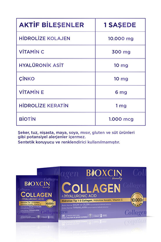 Beauty Collagen Toz 30 Saşe X 10.000 Mg Tip 1 - Tip 3 Hidrolize Kolajen - Keratin