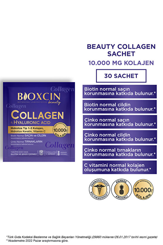 Beauty Collagen Toz 30 Saşe X 10.000 Mg Tip 1 - Tip 3 Hidrolize Kolajen - Keratin
