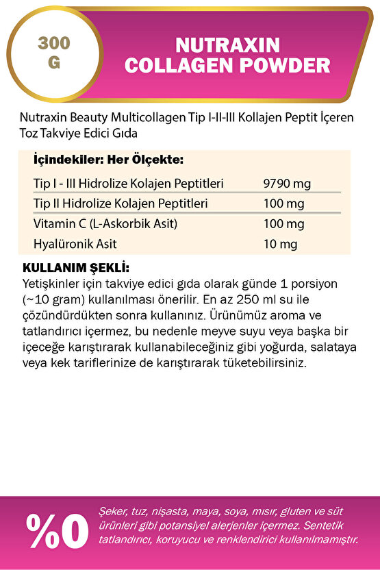 Beauty Collagen Gold Quality Powder 300 gr - Tip 1,2,3 Kolajen, Vitamin C, Hyalüronik Asit
