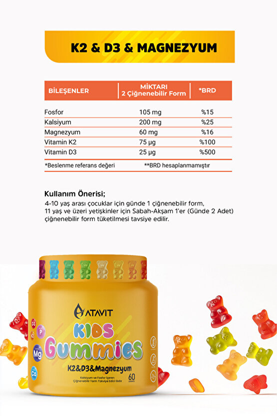 Omega 3, D3 K2 , Magnezyum Multivitamin Süper 3 lü Gummıes Kıds