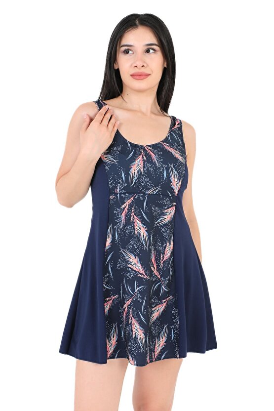 Parçalı Başak Desenli Şortlu Elbise Mayo 6523 Lacivert Büyük Beden