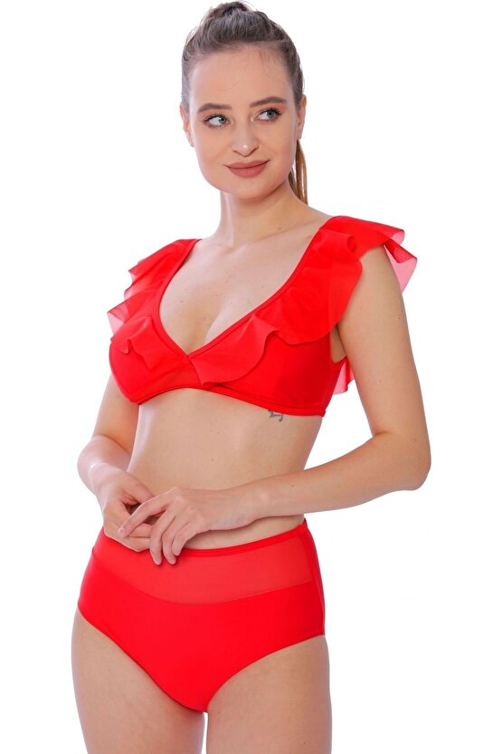 Düz Fırfırlı Yüksek Bel Yeni Bikini 5029 Kırmızı
