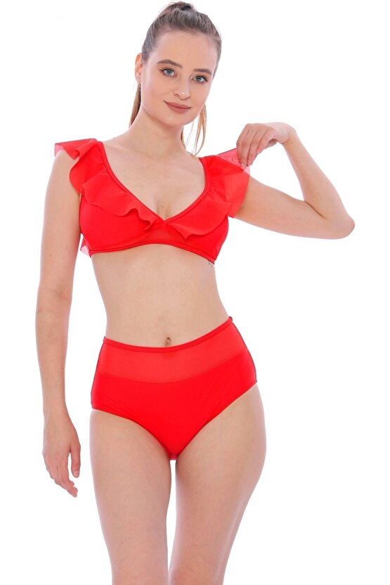 Düz Fırfırlı Yüksek Bel Yeni Bikini 5029 Kırmızı