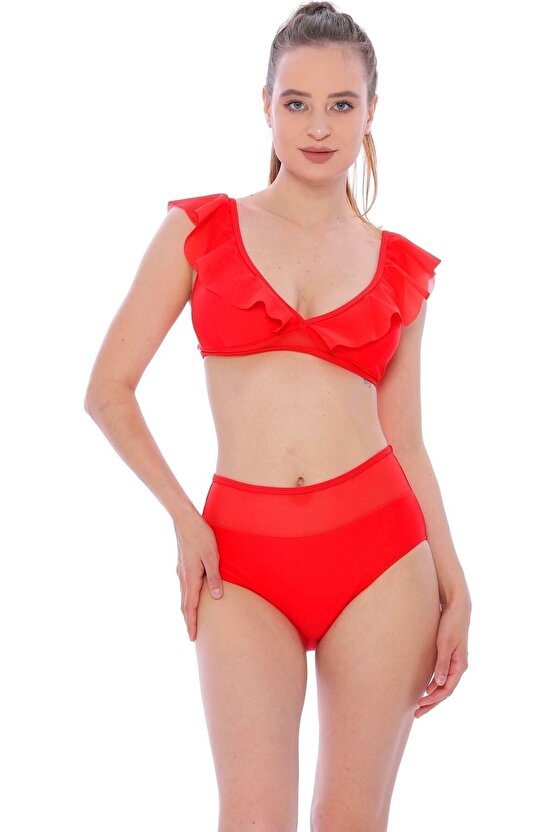 Düz Fırfırlı Yüksek Bel Yeni Bikini 5029 Kırmızı