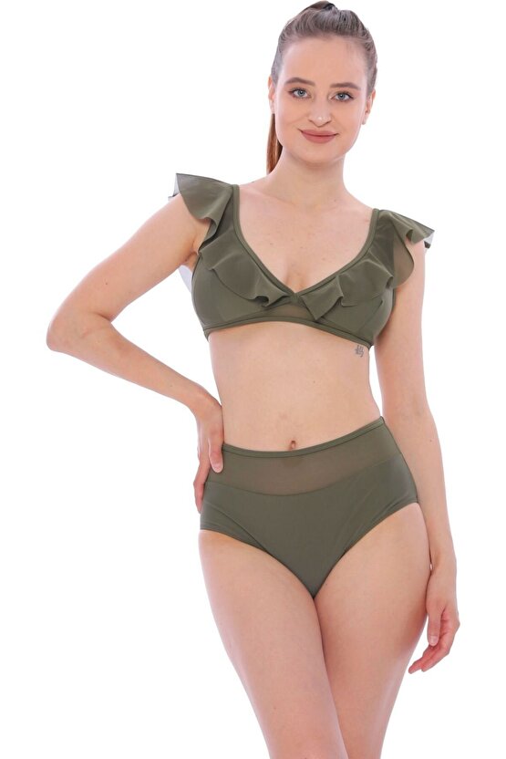 Düz Fırfırlı Yüksek Bel Yeni Bikini 5029 Haki