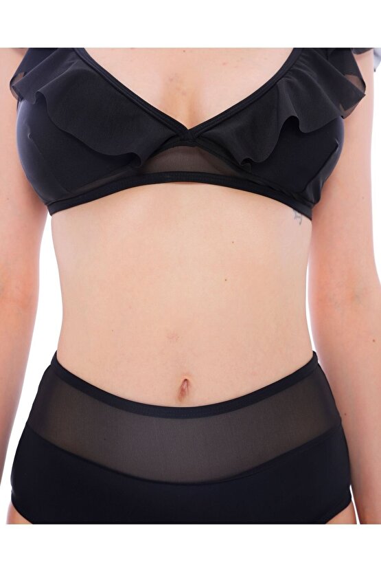 Düz Fırfırlı Yüksek Bel Yeni Bikini 5029 Siyah