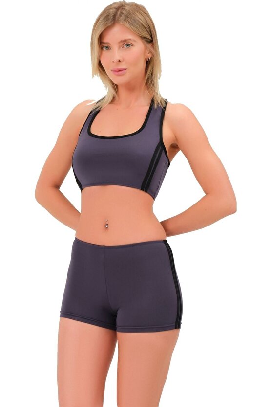 Şeritli Şortlu Yüzücü Bikini 5509 Füme