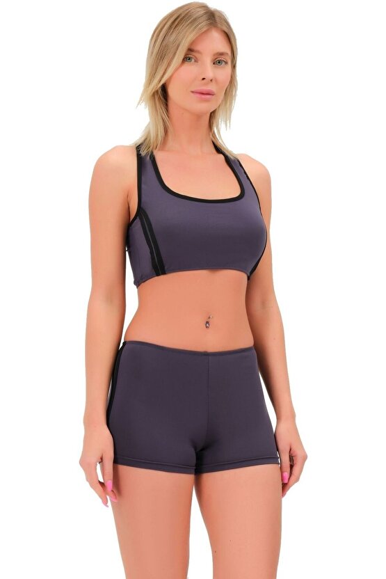 Şeritli Şortlu Yüzücü Bikini 5509 Füme