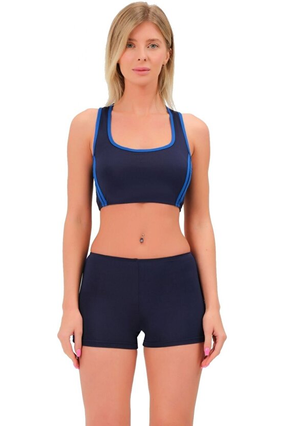 Şeritli Şortlu Yüzücü Bikini 5509 Lacivert