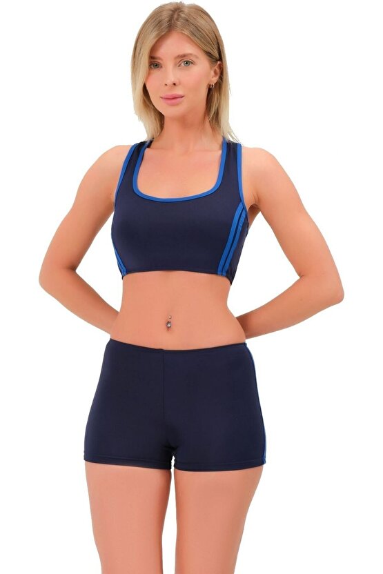 Şeritli Şortlu Yüzücü Bikini 5509 Lacivert