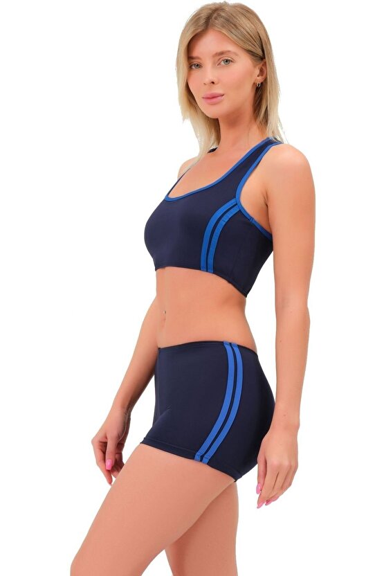 Şeritli Şortlu Yüzücü Bikini 5509 Lacivert