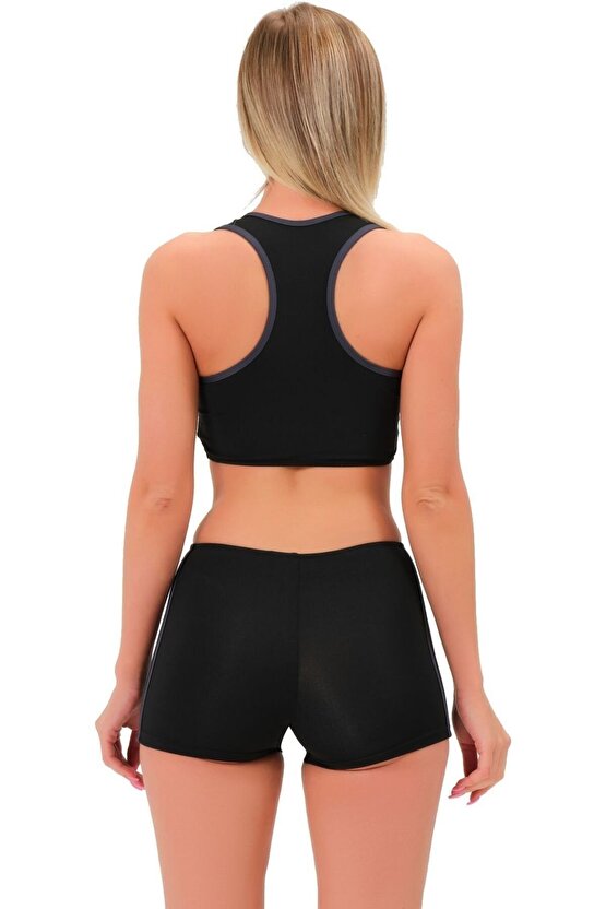Şeritli Şortlu Yüzücü Bikini 5509 Siyah Füme