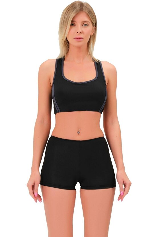 Şeritli Şortlu Yüzücü Bikini 5509 Siyah Füme