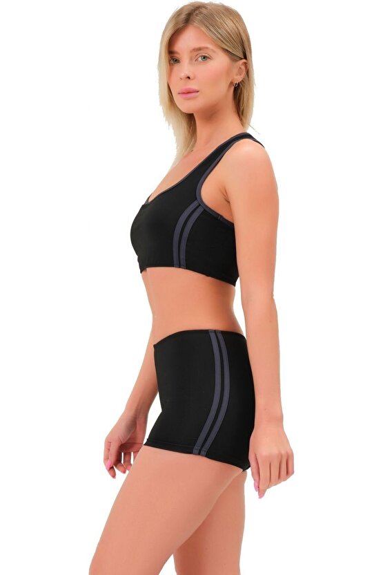 Şeritli Şortlu Yüzücü Bikini 5509 Siyah Füme