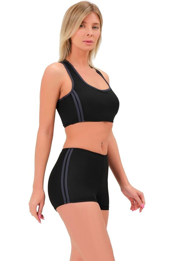 Şeritli Şortlu Yüzücü Bikini 5509 Siyah Füme