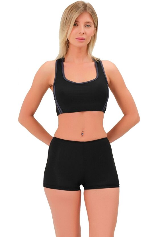 Şeritli Şortlu Yüzücü Bikini 5509 Siyah Füme