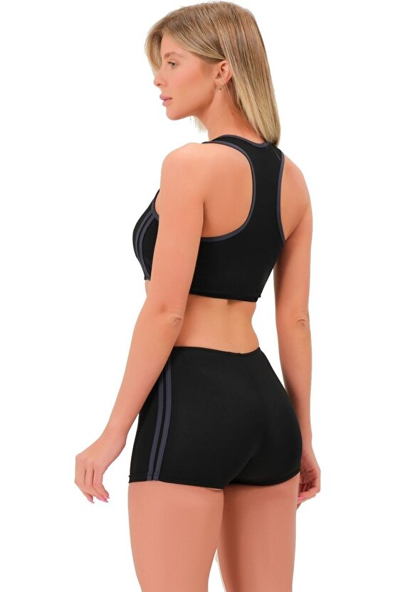 Şeritli Şortlu Yüzücü Bikini 5509 Siyah Füme