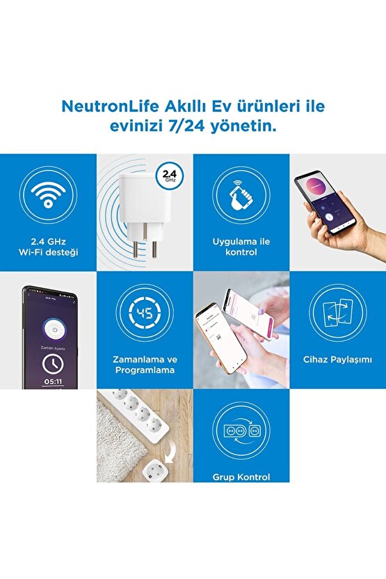 Akıllı Wi-fi Destekli 16a Uzaktan Kontrollü Akım Korumalı Tekli Priz - Uygulama Üzerinden Kontrol