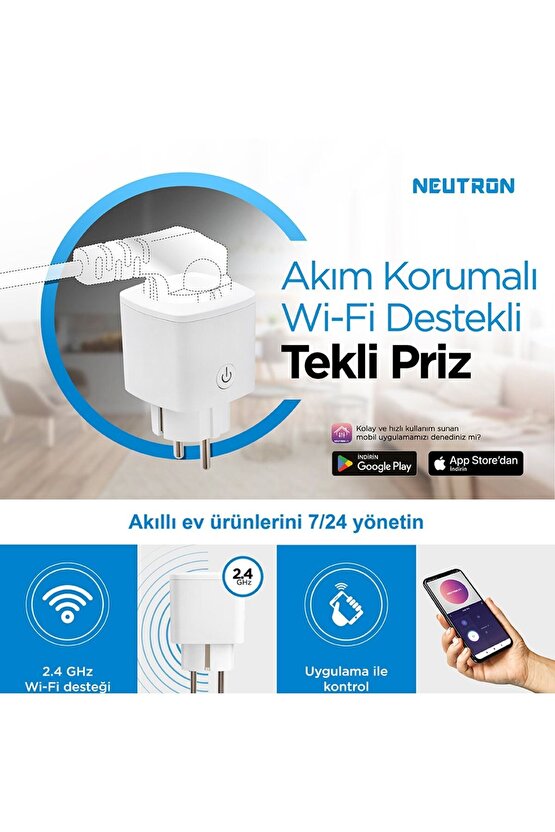 Akıllı Wi-fi Destekli 16a Uzaktan Kontrollü Akım Korumalı Tekli Priz - Uygulama Üzerinden Kontrol