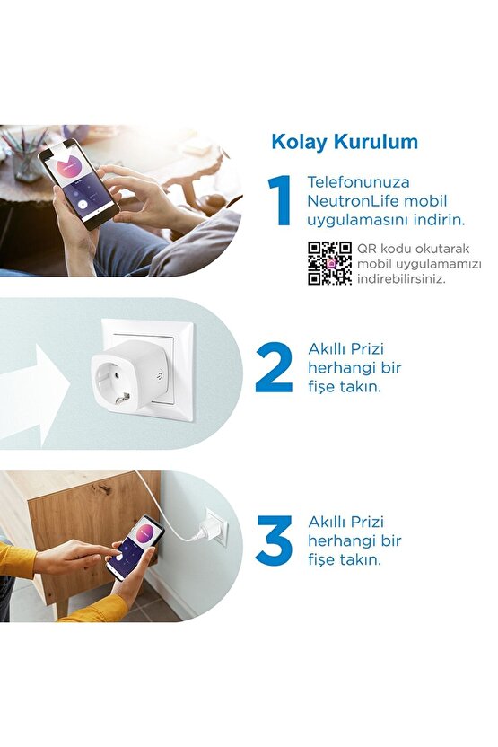 Akıllı Wi-fi Destekli 16a Uzaktan Kontrollü Akım Korumalı Tekli Priz - Uygulama Üzerinden Kontrol
