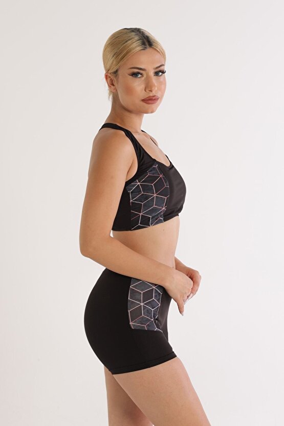 Modelli Şortlu Desenli Badili Yüzücü Bikini 5524 Desenli Siyah