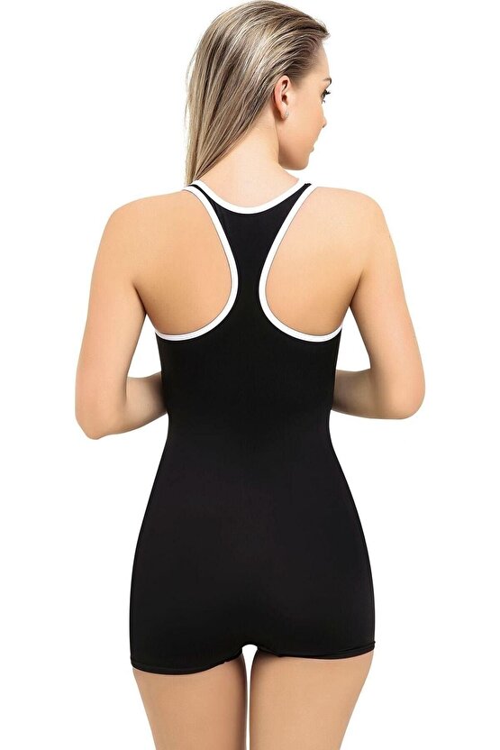 Düz Şortlu Şeritli Büyük Beden Yüzücü Mayo 6023 Siyah