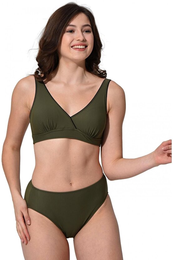 Büyük Beden Düz Kruvaze Bikini 5032 Haki