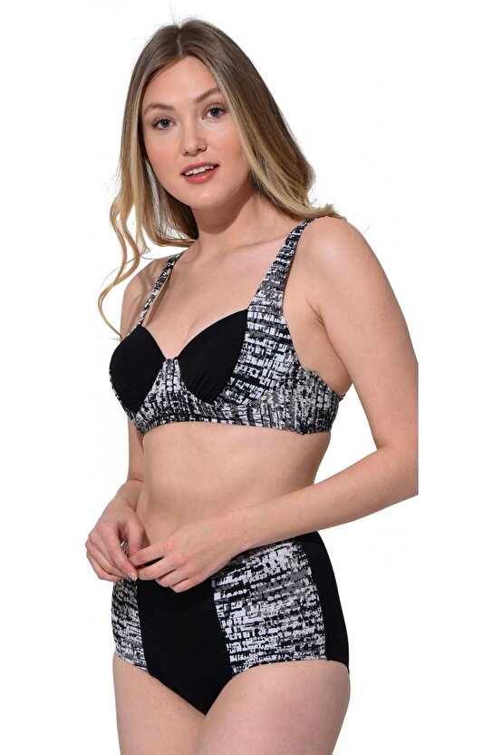 Straplez Yüksek Bel Desenli Bikini 5009 Antrasit