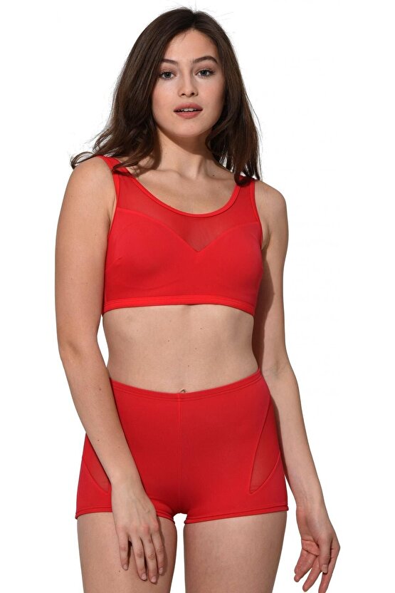 Tüllü Transparan Şortlu Bikini 5035 Kırmızı