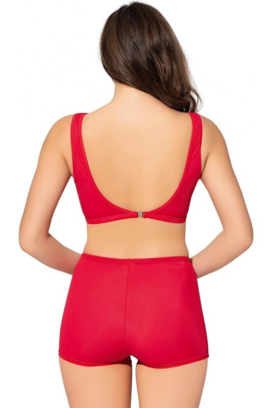Tüllü Transparan Şortlu Bikini 5035 Kırmızı