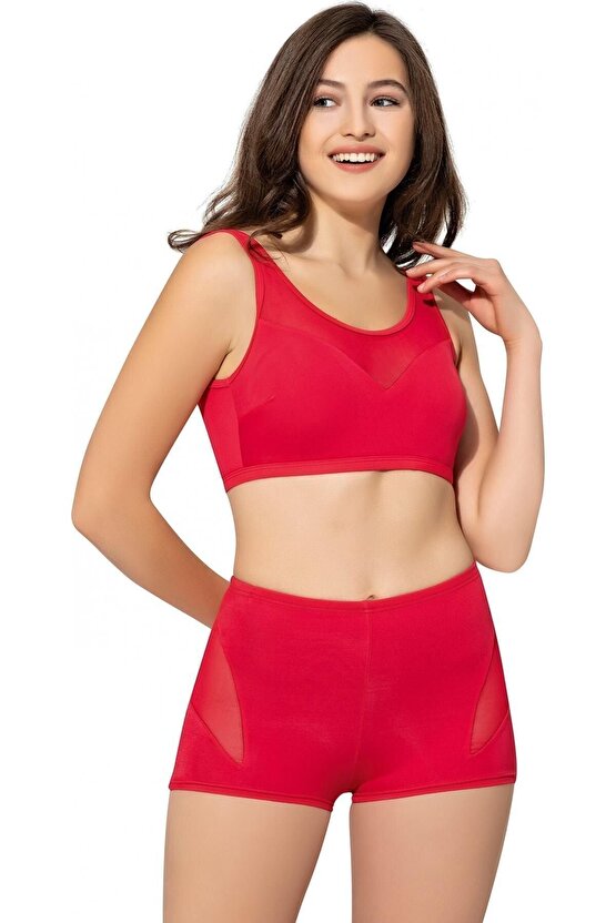 Tüllü Transparan Şortlu Bikini 5035 Kırmızı