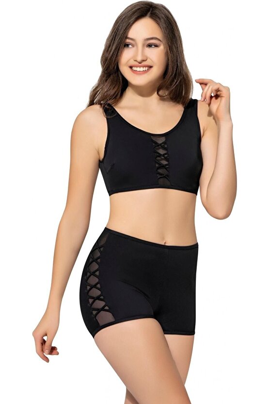 Kadın Tüllü Detaylı Şortlu Bikini 5034 Siyah