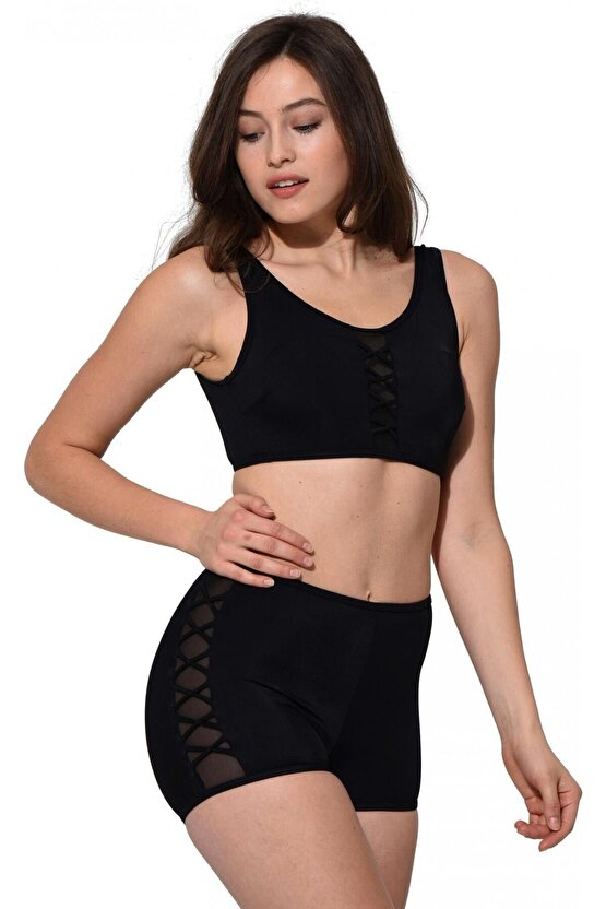 Kadın Tüllü Detaylı Şortlu Bikini 5034 Siyah