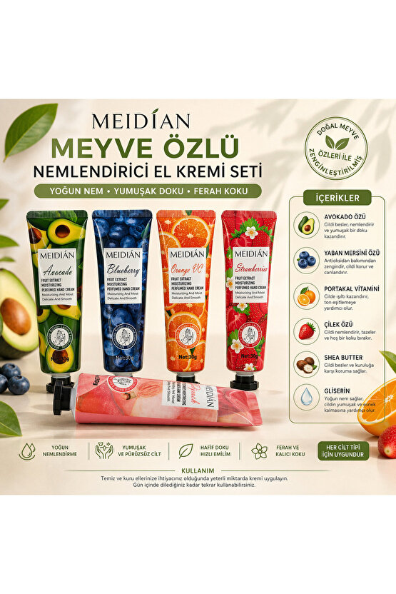 EL VE VÜCUT KREMİ ÇİLEK,AVOKADO,PORTAKAL,ŞEFTALİ,YABAN MERSİNİ 5 Lİ SET