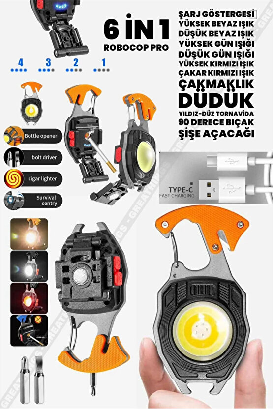Kamp Feneri Çok Fonksiyonlu Fener Anahtarlık Usb Çakmak Cam Kırıcı Kesici Düdük Tornavida Açacak